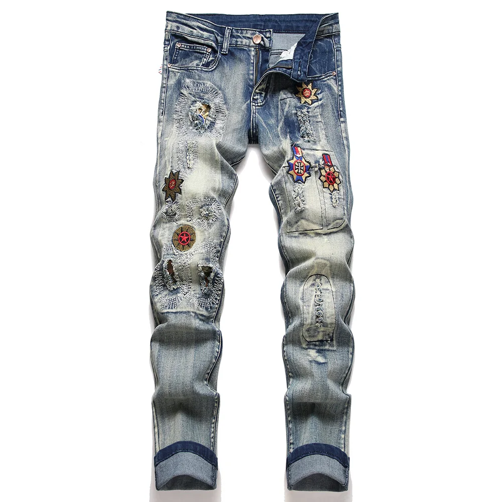 

Men Badge Patch Denim Jeans Embroidery Patchwork Ripped Distressed Pants Slim Tapered Stretch Trousers