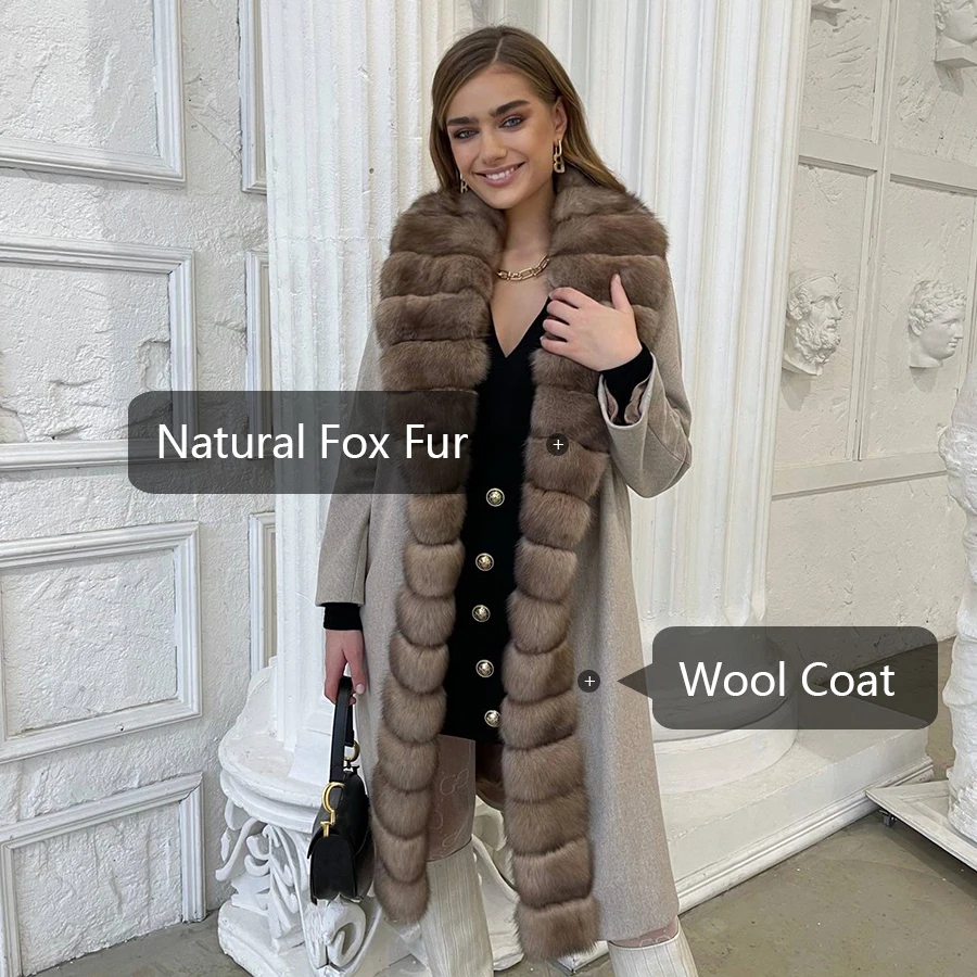 Women Cashmere Wool Coat Real Fox Fur Collar Women's Long Coat Luxury High Quality Winter Jackets 2024