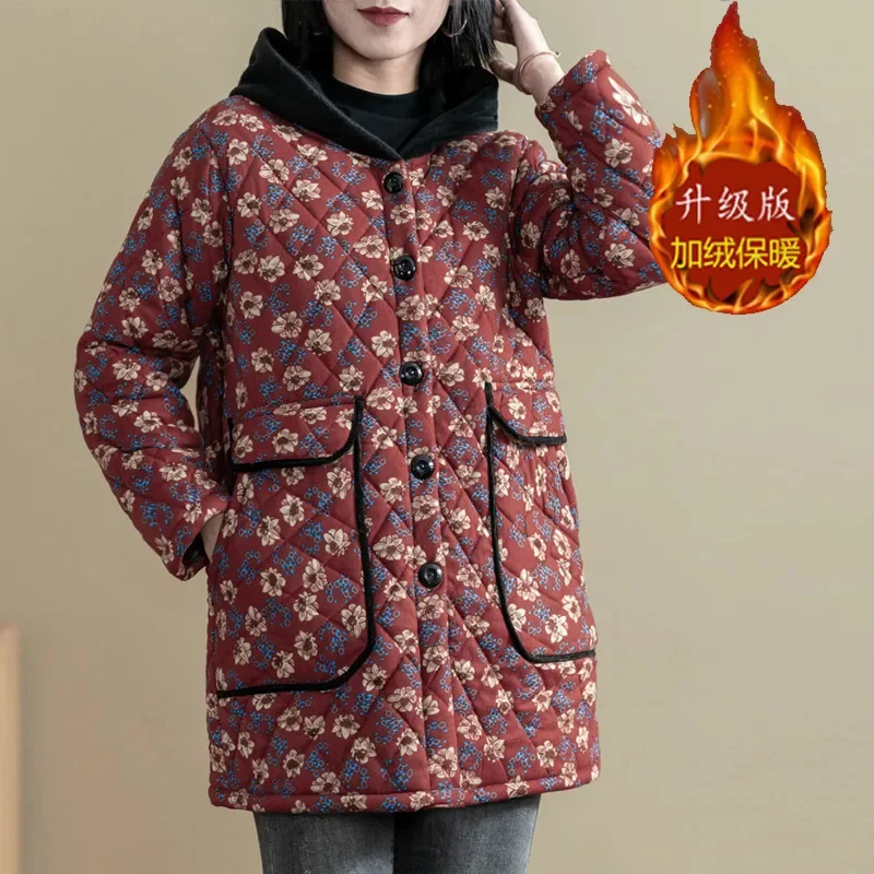 2025 Nuovo Autunno Inverno Con Velluto Giacca imbottita in cotone Donna Madre di mezza età Con cappuccio Floreale Più Velluto Caldo Parka Cappotto Femminile