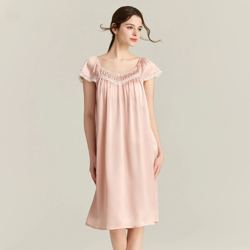 French Court Style 100% Natural Silk Woman Nightgowns Chest Bra Padded Nightdress Lace Trim Sleepwear Lingerie Midi Sleepshirts