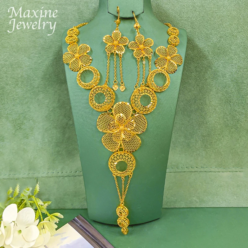 Hohles Klassisches 2-teiliges Halsketten- und Ohrring-Set für Damen, Böhmischer Luxus, Original 18K Vergoldeter Schmuck, Party Braut Hochzeitsgeschenk