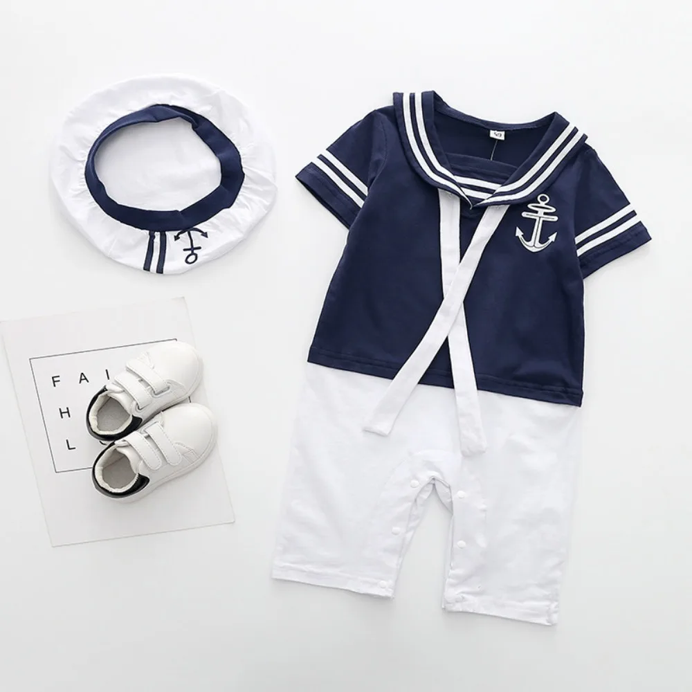 Baby Navy Romper Summer Newborn Kids Boys Girls Sailor Jumpsuit Hat 2Pcs Body Short Sleeve Anchor Printed Suit 70cm 80cm 90cm