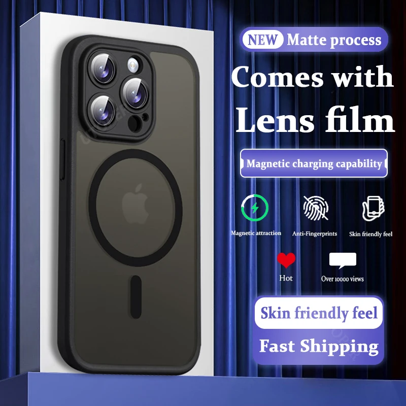 

16 Pro Max New Translucent with Lens Film Case for iPhone 16 15 14 13 12 11 Pro Max Plus Fall Prevention Magsafe Magnetic Cover