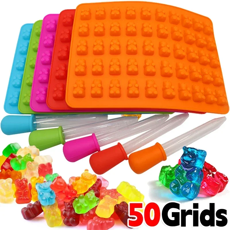 50-Cell Gummy Bear Mold Silicone Candy Chocolate Mold Baking Supplies DIY Fudge Chocolate Candy Making Molds with Dropper Pastry