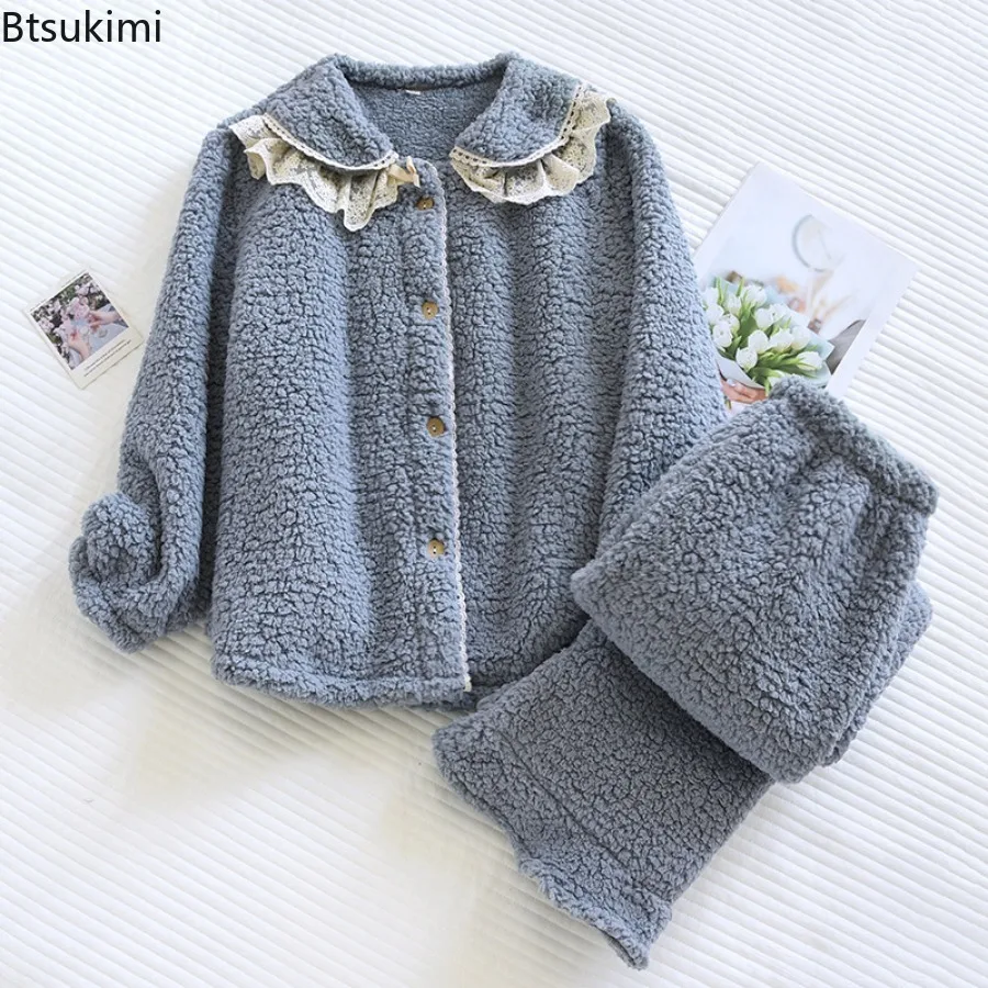 2025 Women's Autumn Winter Warm High-end Coral Fleece Pajamas Sets Long Sleeve Loose-fit Thickened Warm Set Two Piece Set Female