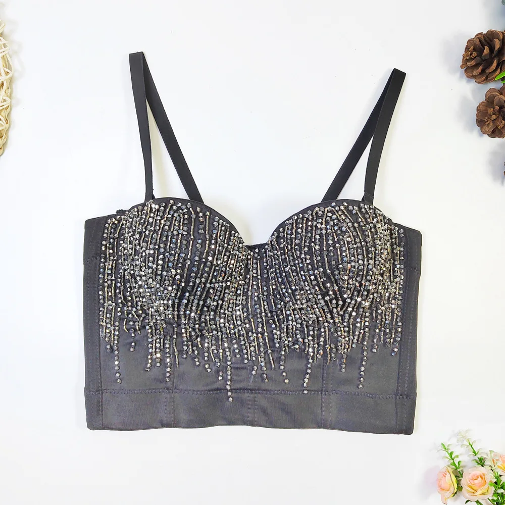 

Handmade Beaded Sexy Crop Top Outerwear Fibone Four Row Bule Thin Strapl Bra for Women Summer Season Regular Thin