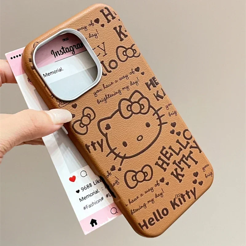 Capa de couro bonito dos desenhos animados, Sanrio, Olá Kitty Bow Brown, à prova de choque, Capa dura, Sanrio, iPhone 16, 15, 14, 13, 12, 11, Pro, Max