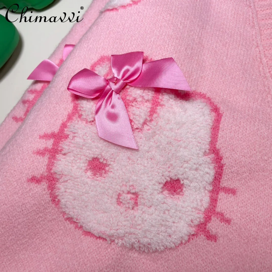 Autumn Winter New Sweet Cute Girls Elegant 3D Hello Kitty Jacquard Sweater Coat Student Loose Slim-fit Women\'s Knit Cardigan