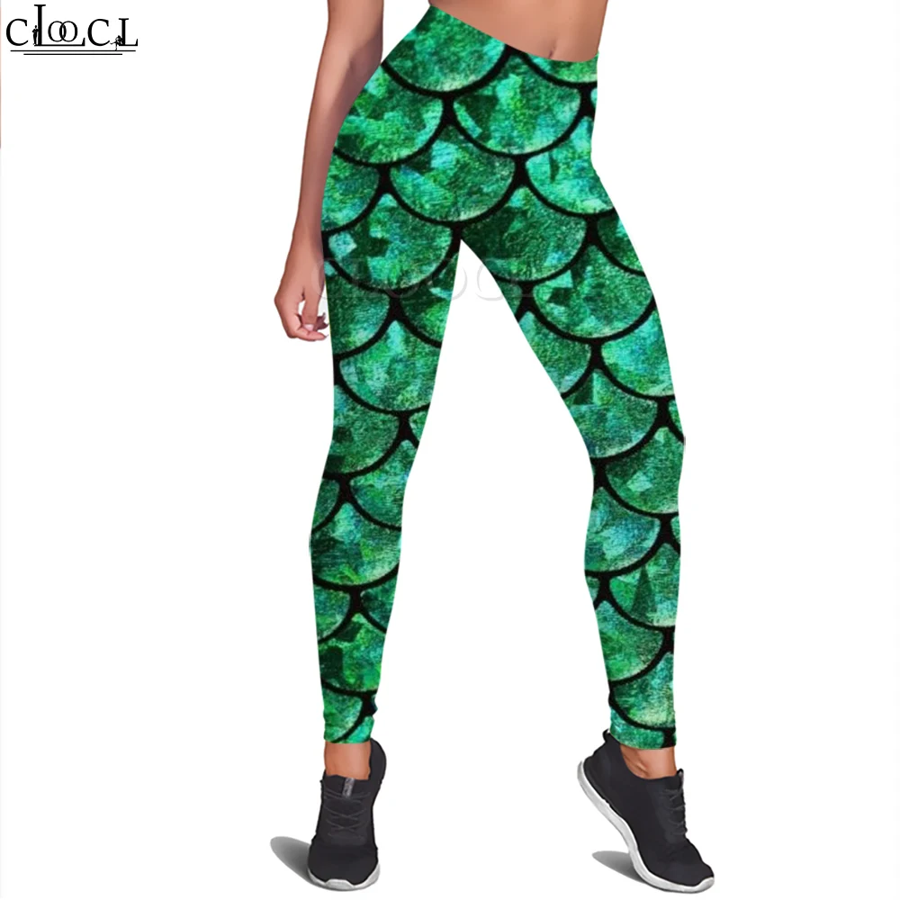 Cloocl mais nova moda feminina legging verde escuro padrão de escala de peixe legging para ginásio treino ao ar livre calças de jogging roupas esportivas