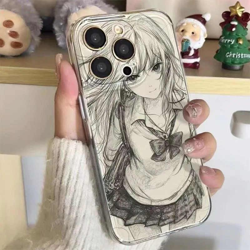 

Anime Girl Sketch Clear Phone Case for iPhone 17 Pro Max 16 15 14 plus 11 Monochrome Schoolgirl Shockproof Slim Protective Cover
