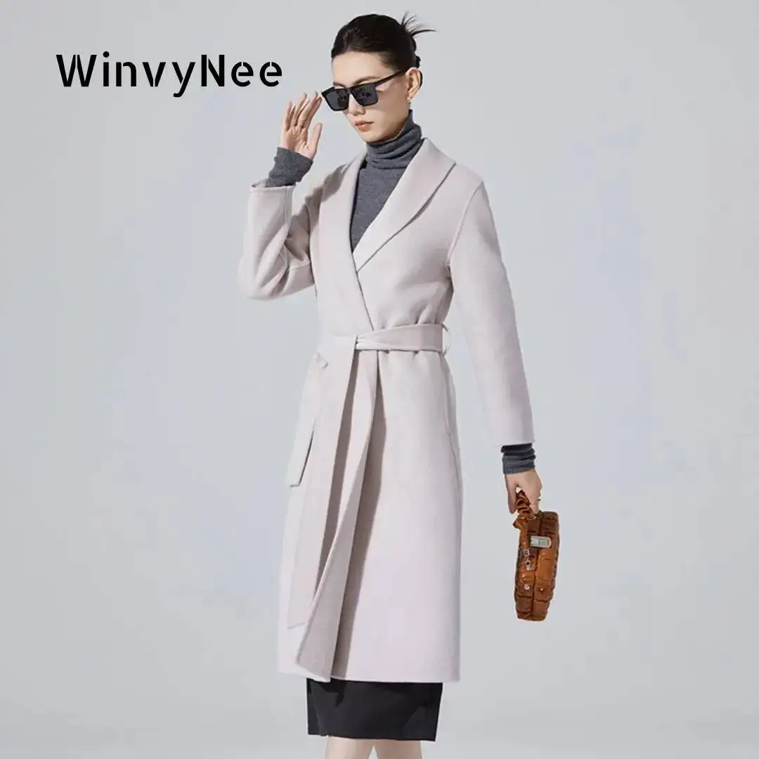 معاطف نسائية شتوية طويلة جديدة لعام 2025 مع حزام معاطف صوف رمادية ملابس خارجية معطف فضفاض للنساء H1643010 #1