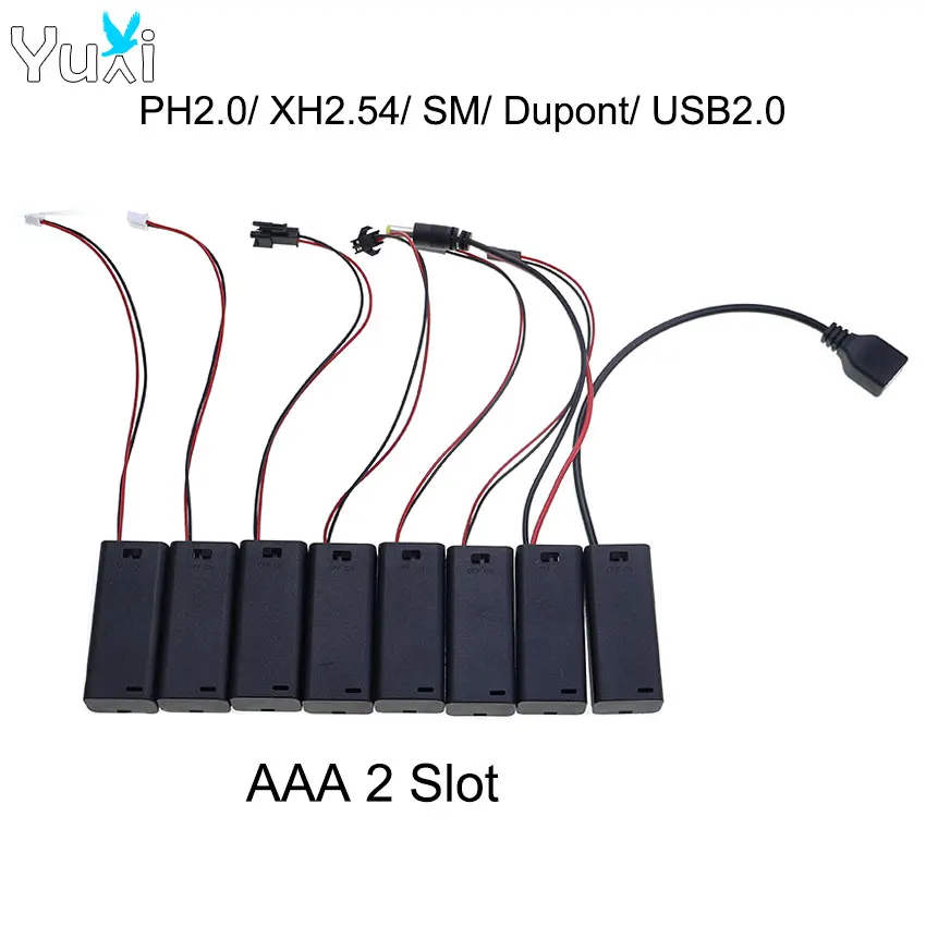 YuXi 1 Piece AAA Size Battery Holder 2 Slots Battery Box Case With ON/OFF Switch With Cover PH2.0/XH2.54/SM/Dupont/USB 2.0 Plug