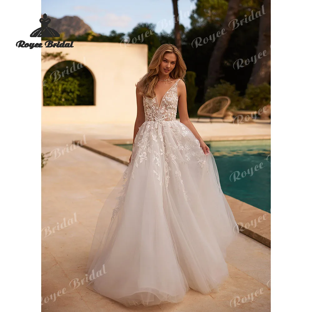 

Свадебное платье А-силуэта с вышивкой бисером, V-образным вырезом, аппликацией, на тонких бретельках, с кружевом, из фатина, для пляжной свадьбы, модель 2026, на заказ, vestido de novia