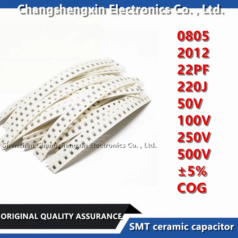 

50PCS 0805 2012 Capacitance 22PF 220J 50V 100V 250V 500V Tolerance ±5% Dielectric COG SMT Ceramic Capacitor MLCC