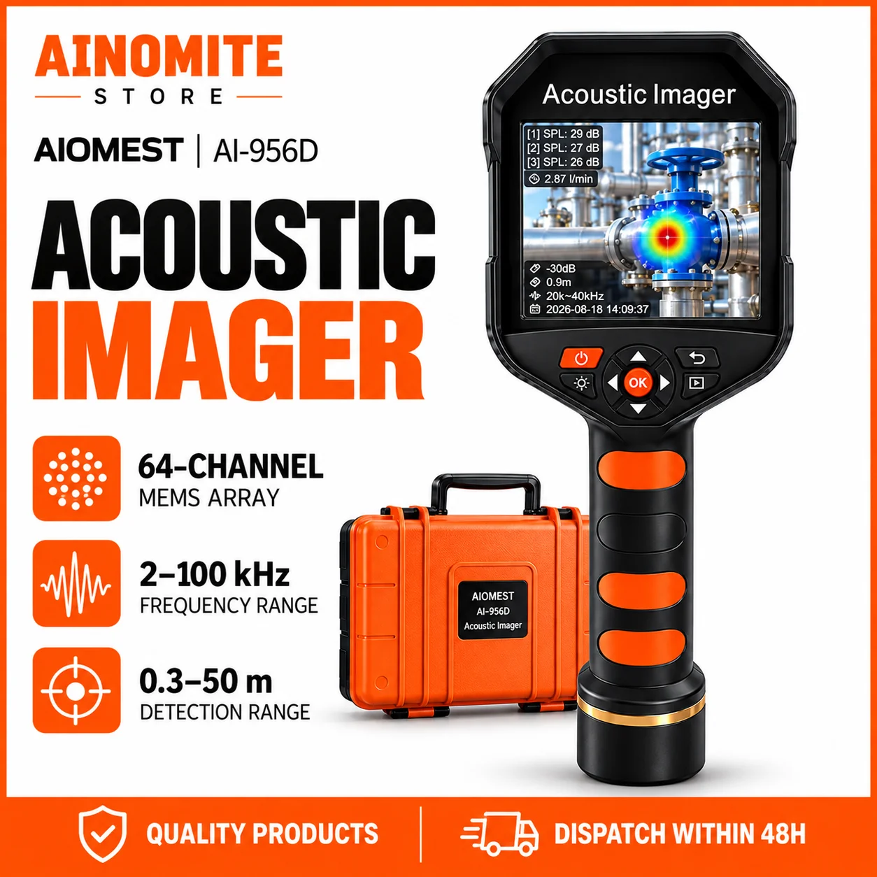 12MP Acoustic Imaging Camera -Ultrasonic Leak Detector 64-channel MEMS Microphone Array,2-100kHz Range for Compressed Air Leaks