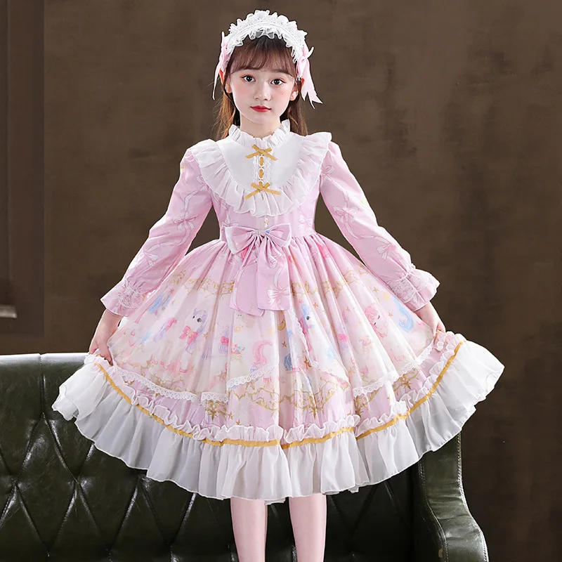 Girls Lolita Style Princess Dress Spring Autumn Net Yarn Splicing Printing Bow Decorate Long Sleeve Party Dress For 4-14 Years