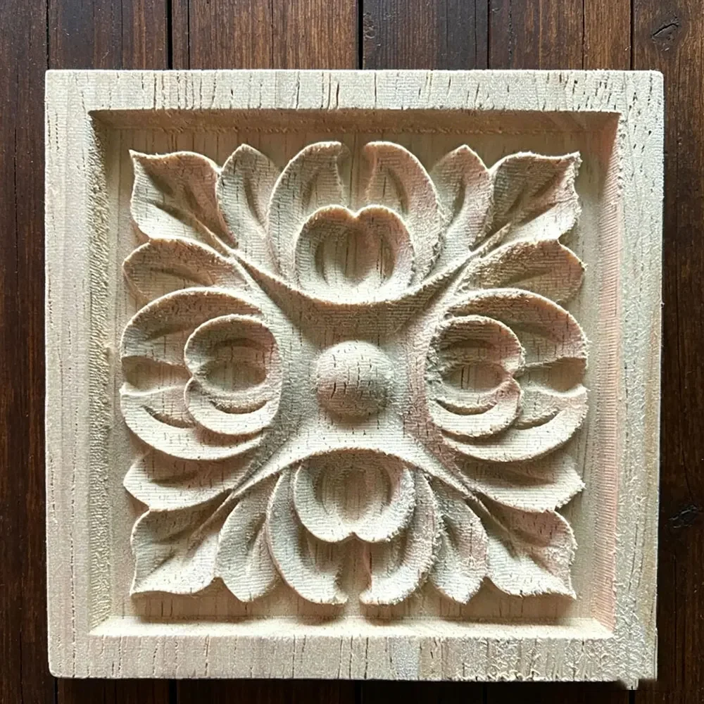 10PCS 8cm Wood Carving Natural Appliques Door Furniture Cabinet Decorative Unpainted Wooden Mouldings Decal Vintage Home Decor