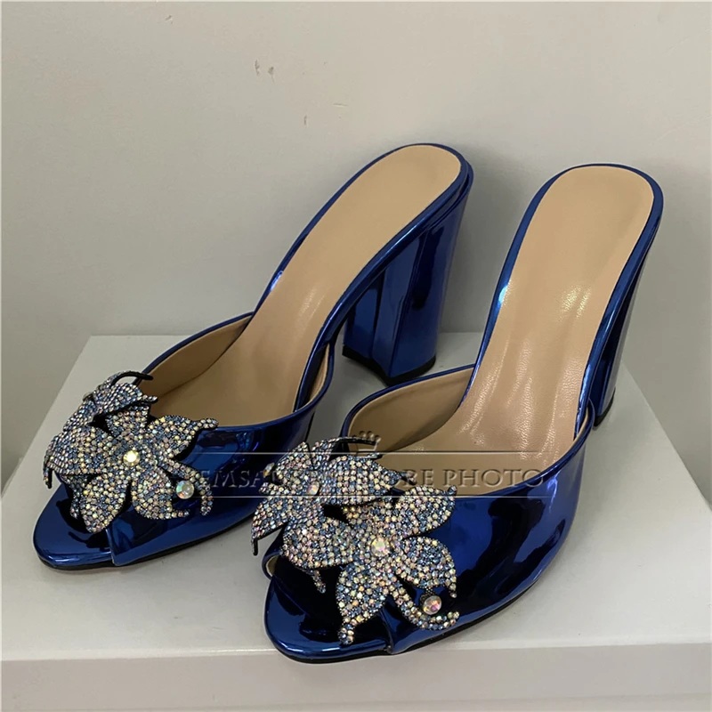 Luxury Patent Leather Slingbacks Summer Mules Chunky Heel Jeweled Crystal Flower Decor Modern Sandals Women