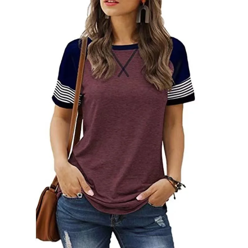 Casual Women's Short Sleeve T-Shirt Patchwork Gradient Color British Style Cotton Loose Fit round Neck Print Design Summer Fa...