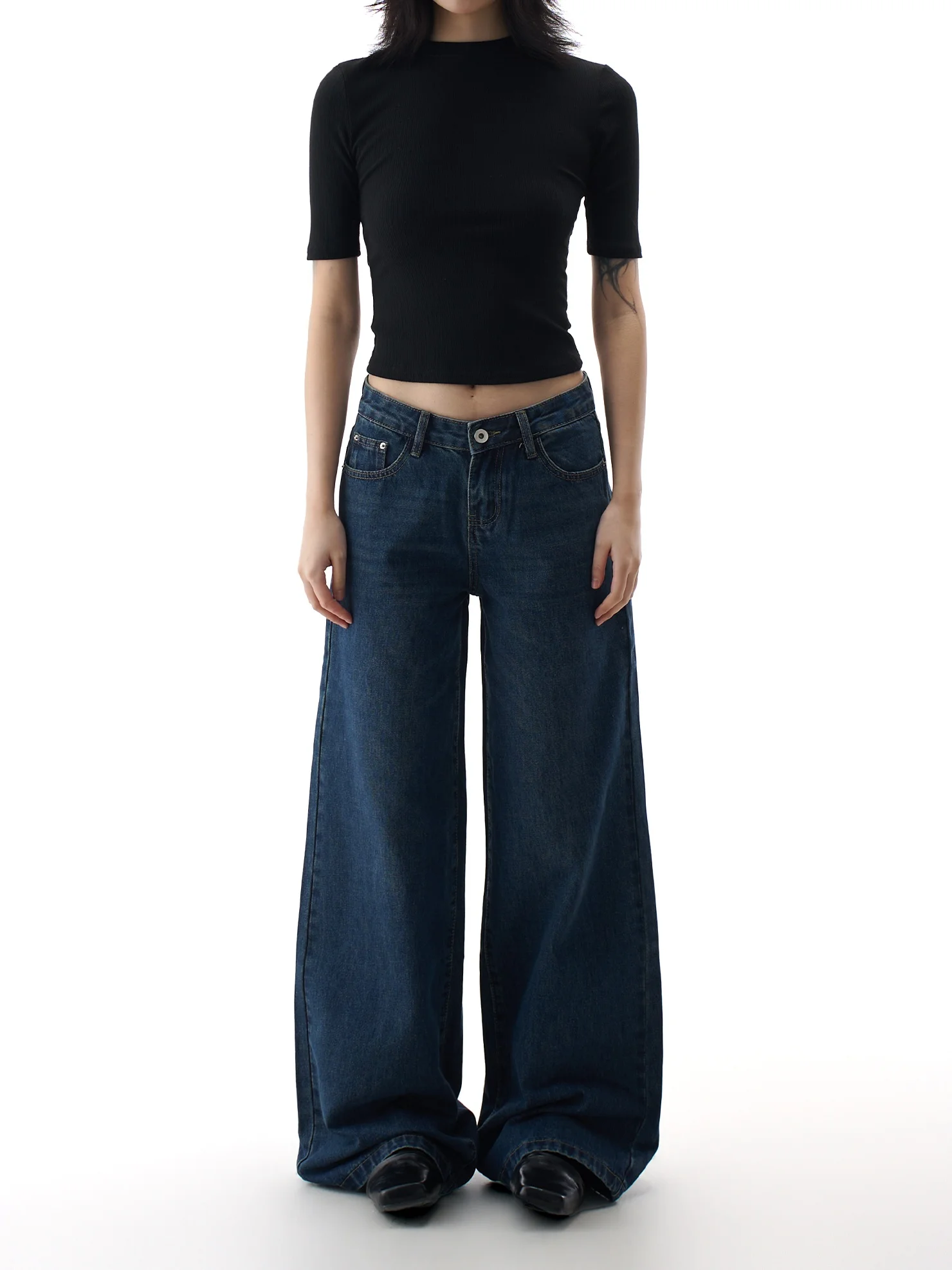 

American Sle Low Waist Wide Leg Deep Blue Jeans Women's Loose Slim Straight Floor-Length Pants Casual Waed Denim