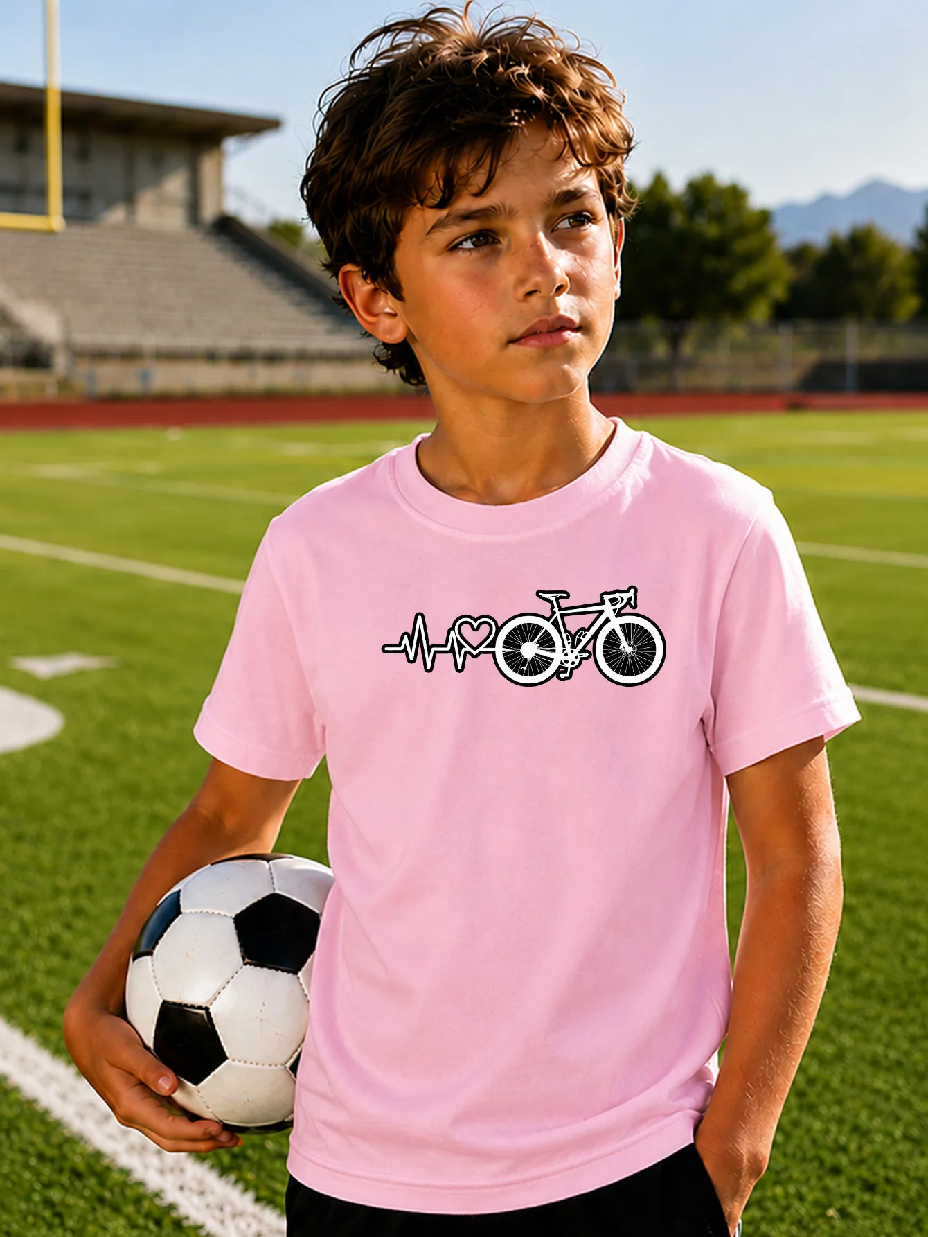 Heartbeat Cycling Bicycle Line Art Print Boys Girls Family Matching Cotton Short Sleeve Crew Neck Soft Summer Kids Casual Tees