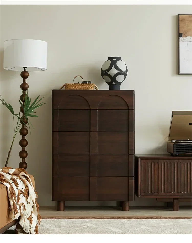 Antique Style Black Walnut Living Room Bedroom Multi-Scene 5-Drawer Cabinet Double Arch Design