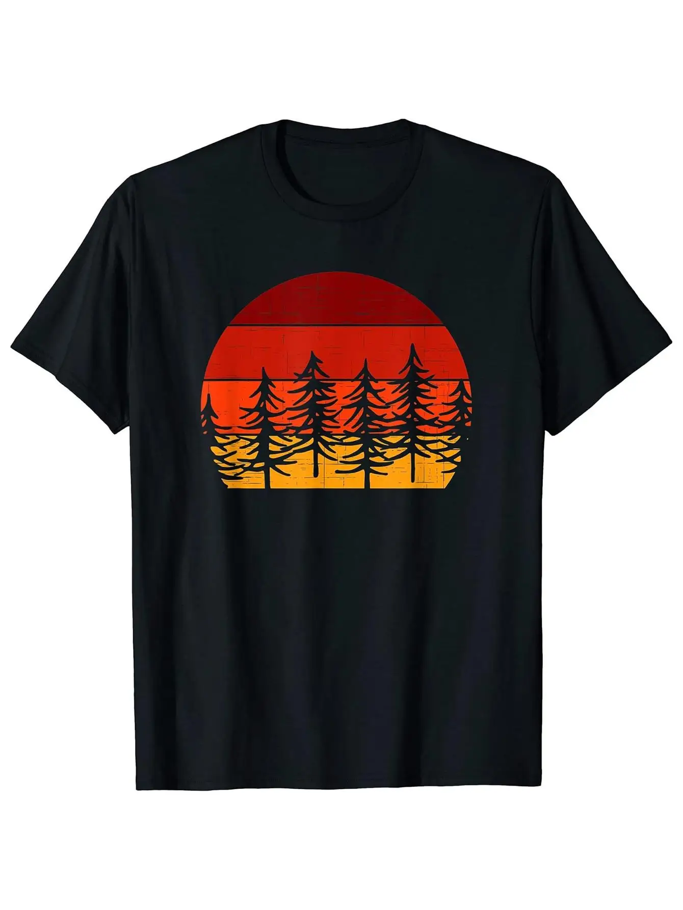 

Unisex Sunset Pine Tree Graphic Tee Vintage Style Printed T-Shirt Casual Wear Nature Inspired Design Red Orange Gradient Forest