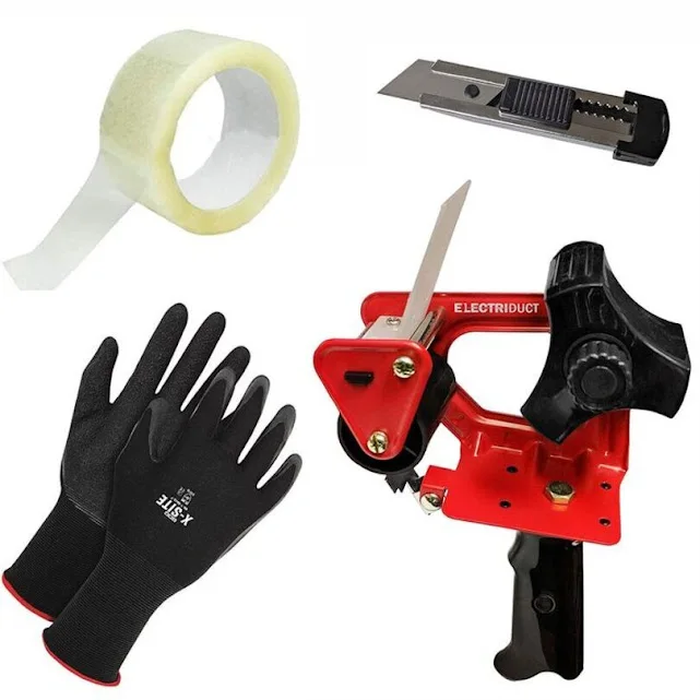 

Moving Set: 2"x110 Yds Packing Tape + Tape Gun + Gloves - Strong Adhesive for Shipping, Box Sealing, Storage, Office