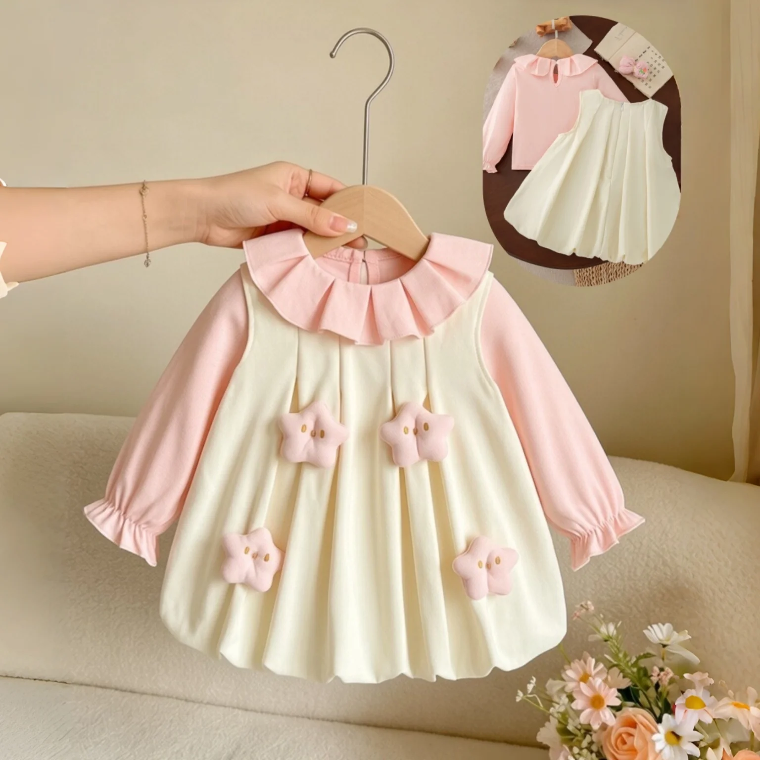 2pc/Set Autumn New Baby Girl Outfit Set Long Sleeves Top+Vest Dress Sweet Fashion Cute Baby Clothing 9 Months - 4 Years Old