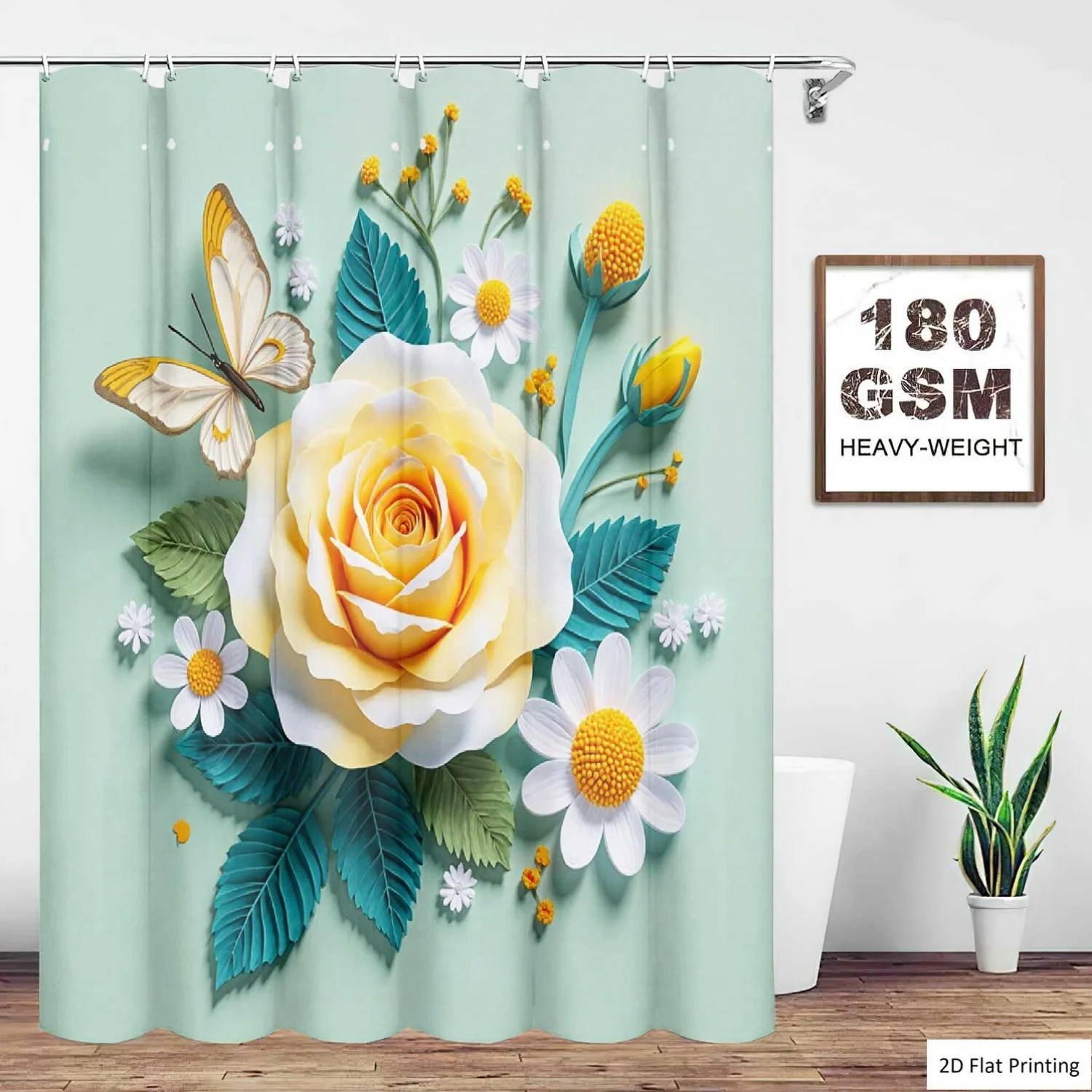 2D Flat, 2D Flat, 4pcs Bohemian Style Rose Daisy Butterfly Green Leaves Shower Curtain Set, Bathroom Set with Shower Curtain And Including Non-Slip, U-Shape And Toilet Lid Cover, Home Bathroom Decor