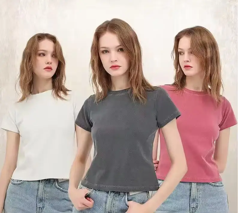 New Style Women's 240g 'Hot Girl' Custom Dyed Distressed Washed Short-Sleeved T-Shirt with Custom Logo, Loose Fit, Breathable, S