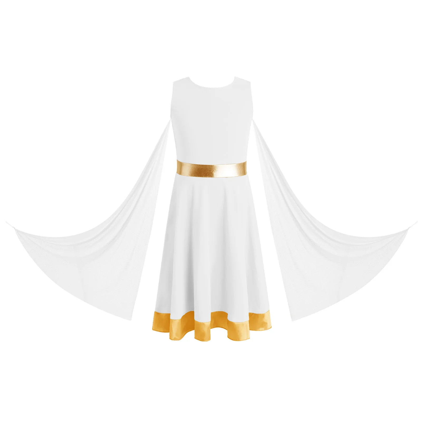 

Children Girls Lyrical Dance Worship Liturgical Praise Costume Performance Dress Long Sleeves Flowy Tunic Dress with Mesh Drapes