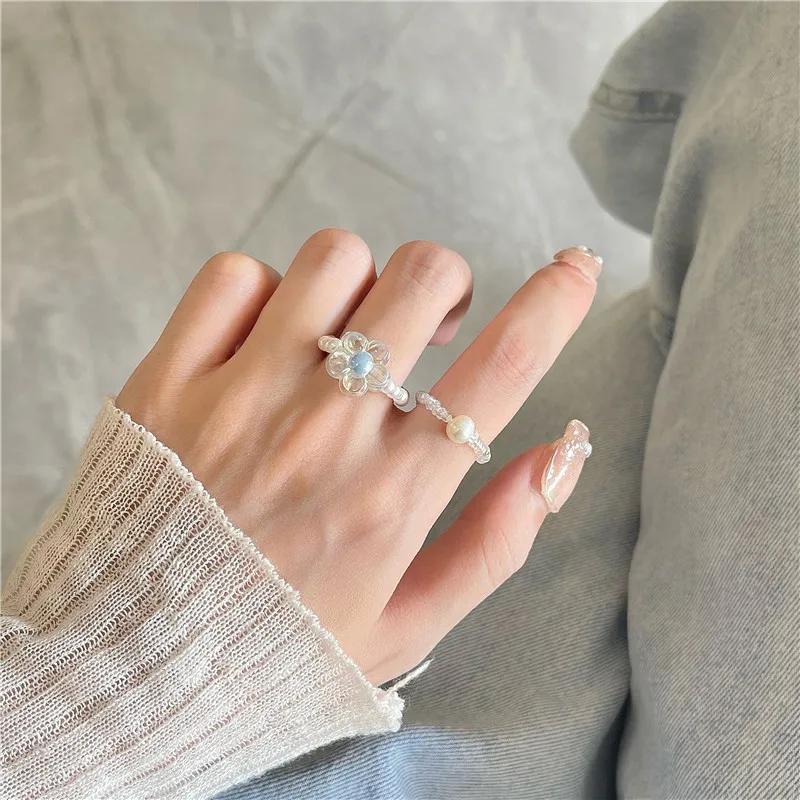 2PCS Vintage Aesthetic Knuckles Pearls Ring Set For Women Korean Style White Flowers Beaded Ring Fashion Jewelry Accessories