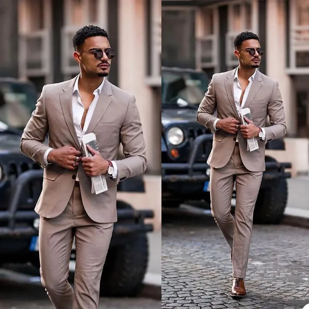 Chic Men's Suits Khaki Full Set Costume Homme Slim Fit Terno Single Breasted Notch Lapel Blazer Formal Wedding Clothing Terno