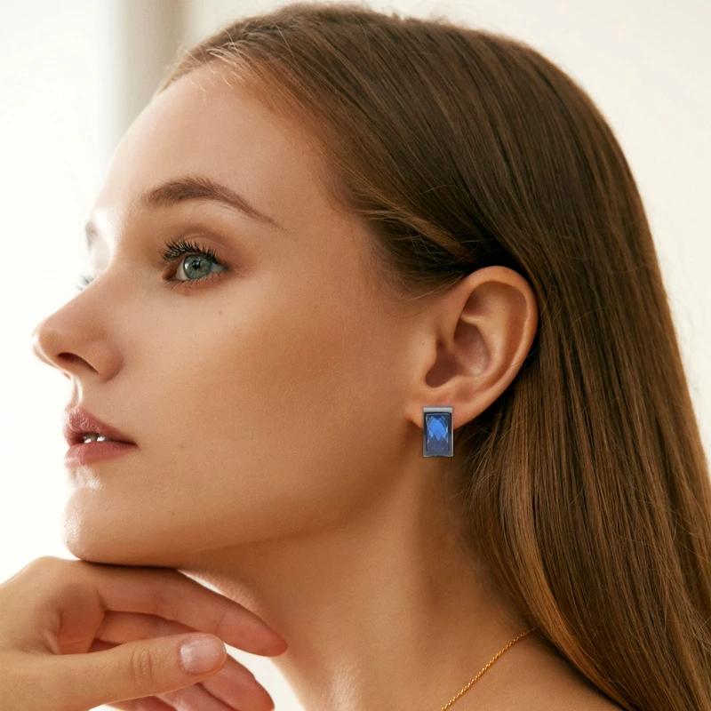 ต่างหูผู้ชายเครื่องประดับกระเป๋ากำมะหยี่ต่างหูห่วงสแตนเลสสีน้ำเงินดำ