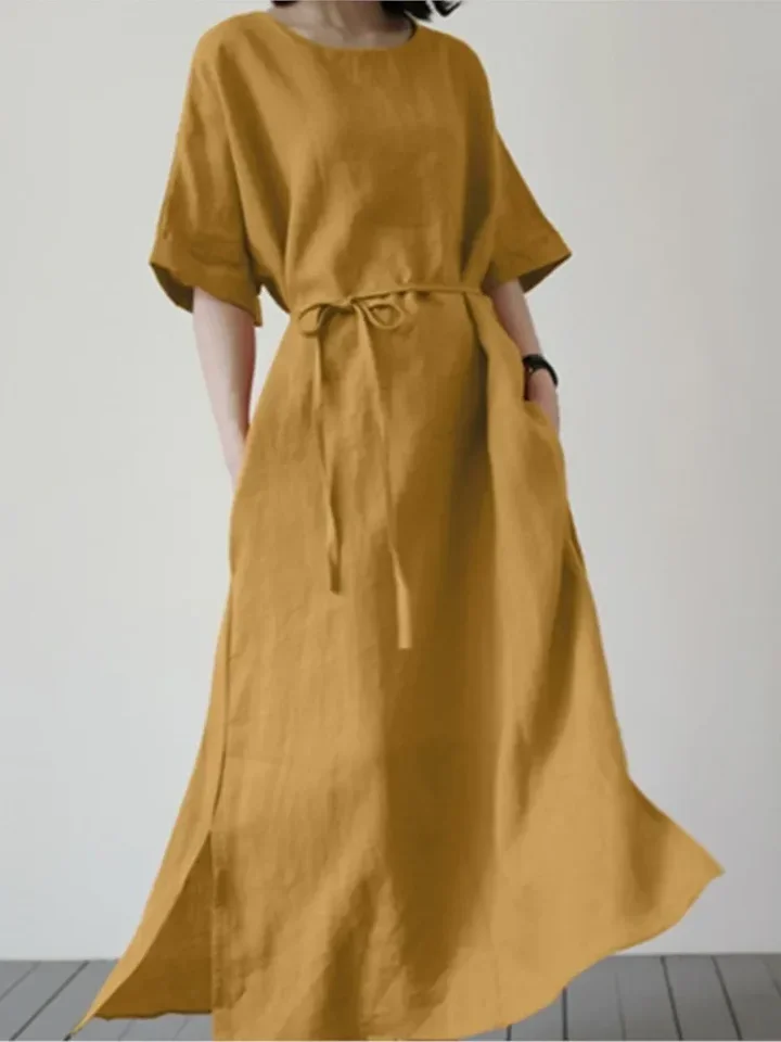 

Spring Summer Women's Long Dresses Fashionable Split Hem Skirts Short Sleeves Casual Waistbands Cotton Linen Dresses For Women