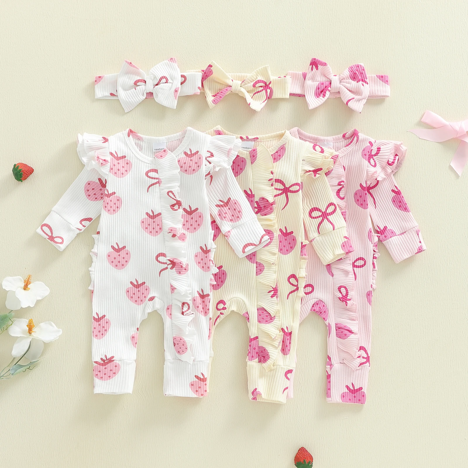 

Комбинезон Tregren для новорожденных девочек 0-6 месяцев, милый комбинезон с длинными рукавами и принтом клубничного банта с повязкой на голову