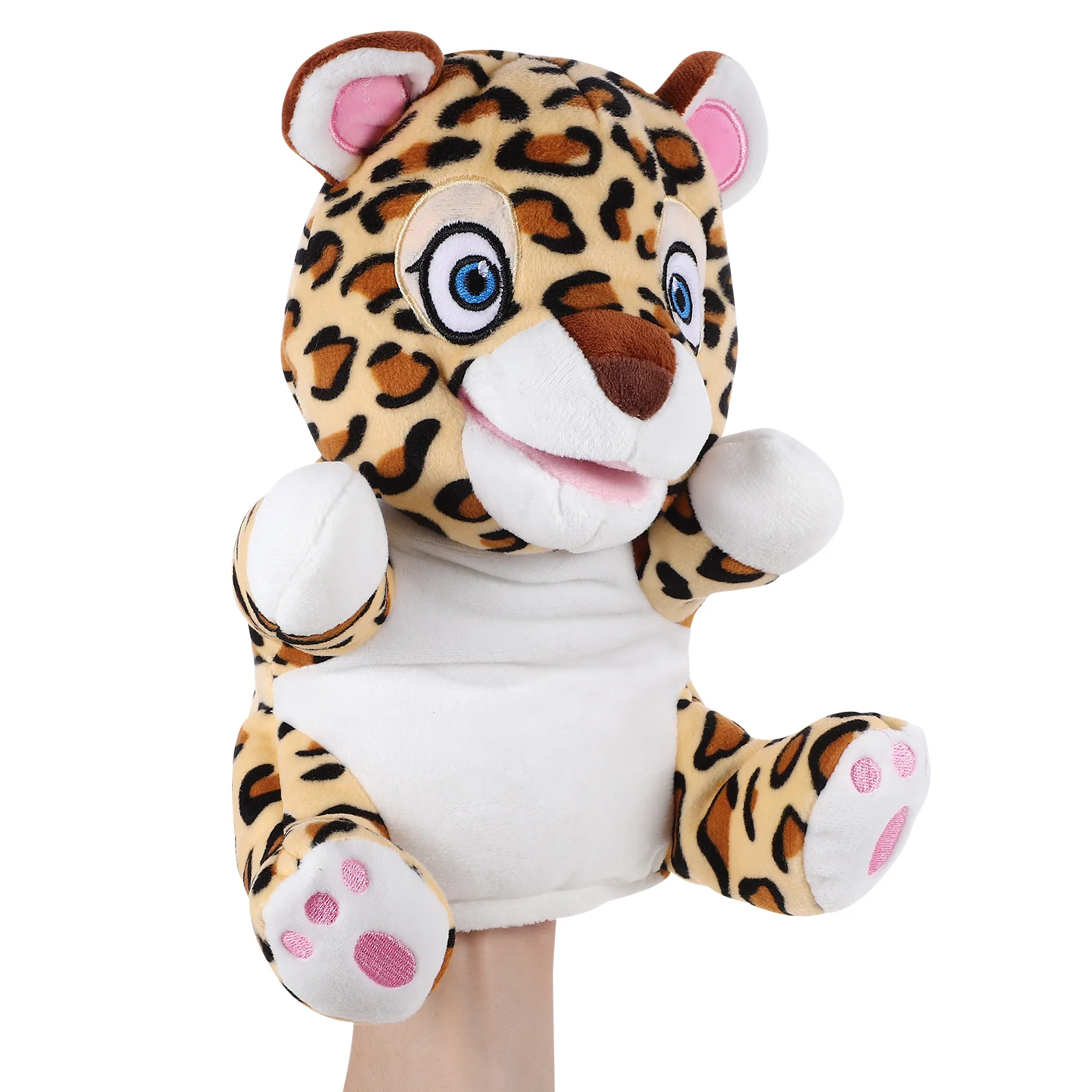 Ventriloquista di peluche genitore-figlio con burattino a mano animale a bocca mobile (leopardo) Burattini di peluche per bambini