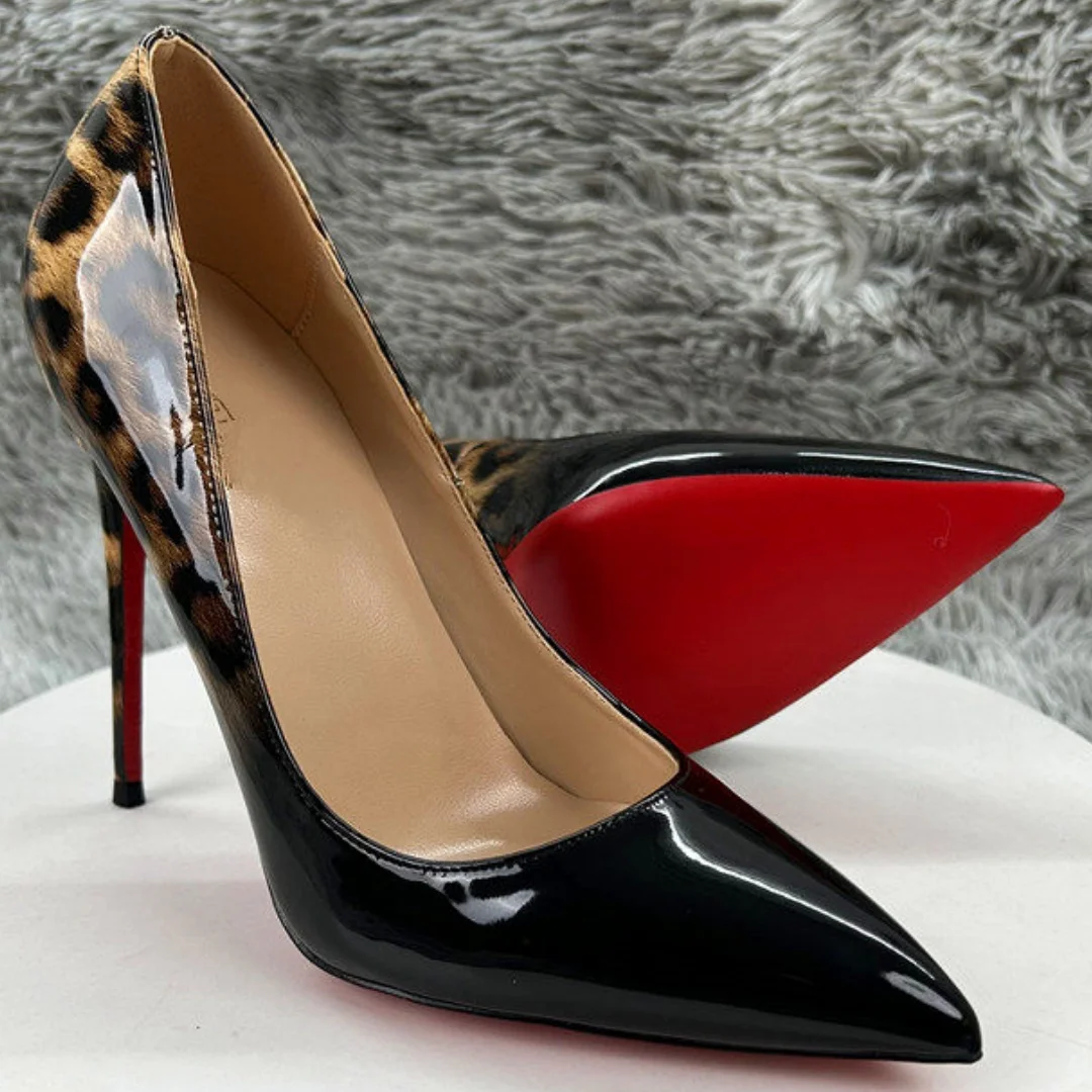 

Women's Leopard Print Patent Leather Gradient High Heels Pointed Toe Red Sole Single Shoes Lady Slip On Classics Style Pumps New