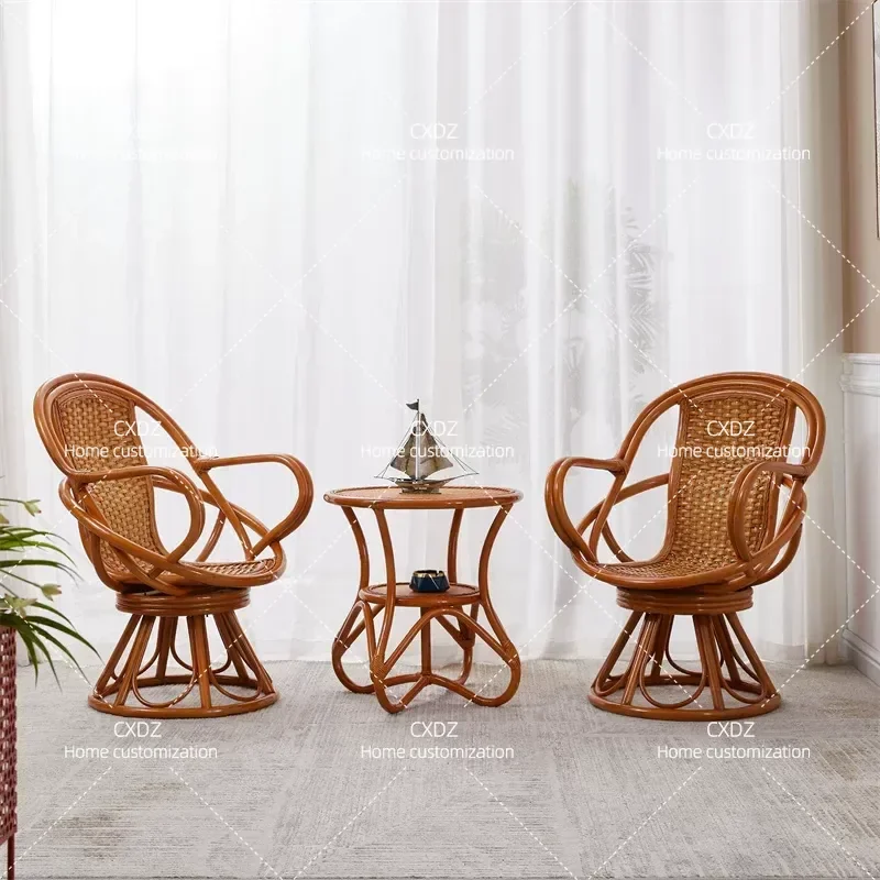 3 Piece Rattan Chair Set Balcony Leisure Swivel Chair High Back Natural Wicker Seat for Villa Hotel Home Living Room Simple