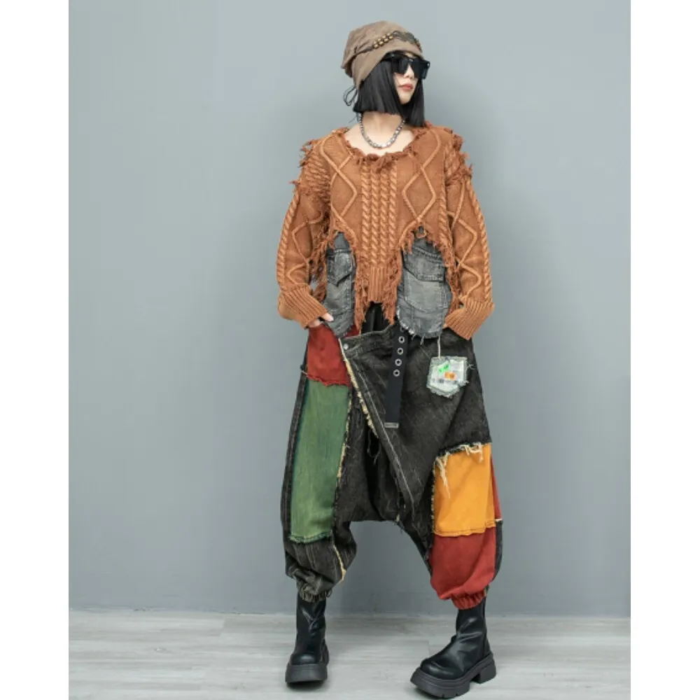 Fried Dough Twists Wool Splicing Denim Sweater + Big Crotch Pants Two-piece Women 2024 Autumn Cool Pant Set LX2342