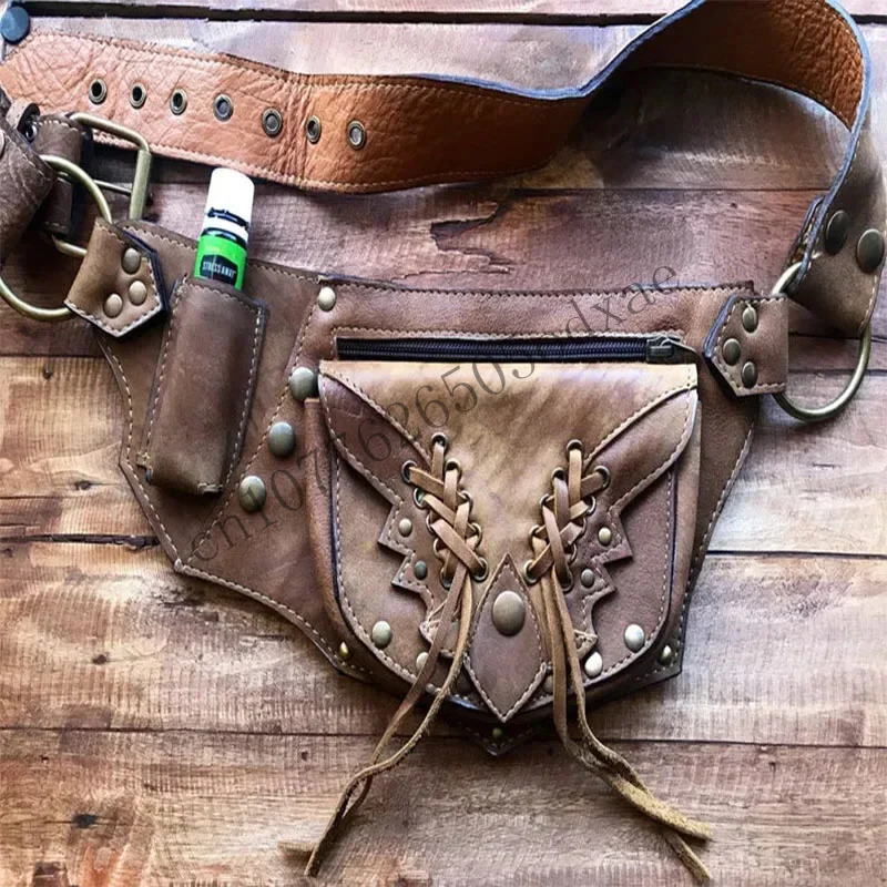 Medieval steampunk leather utility hip belt boho purse wallet pocket men women Viking pirate cosplay costume accessory W cmm1401