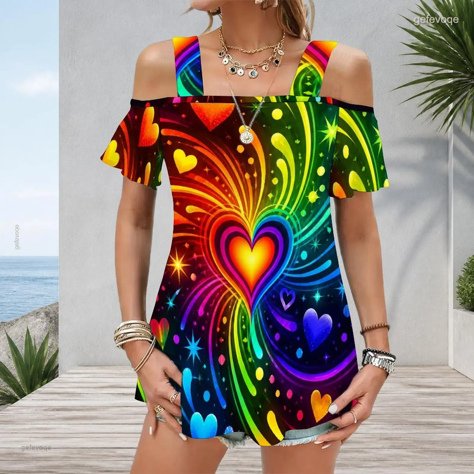 Women Top with Print Wide Straps Cold Shoulder Flutter Sleeve Straight Hem