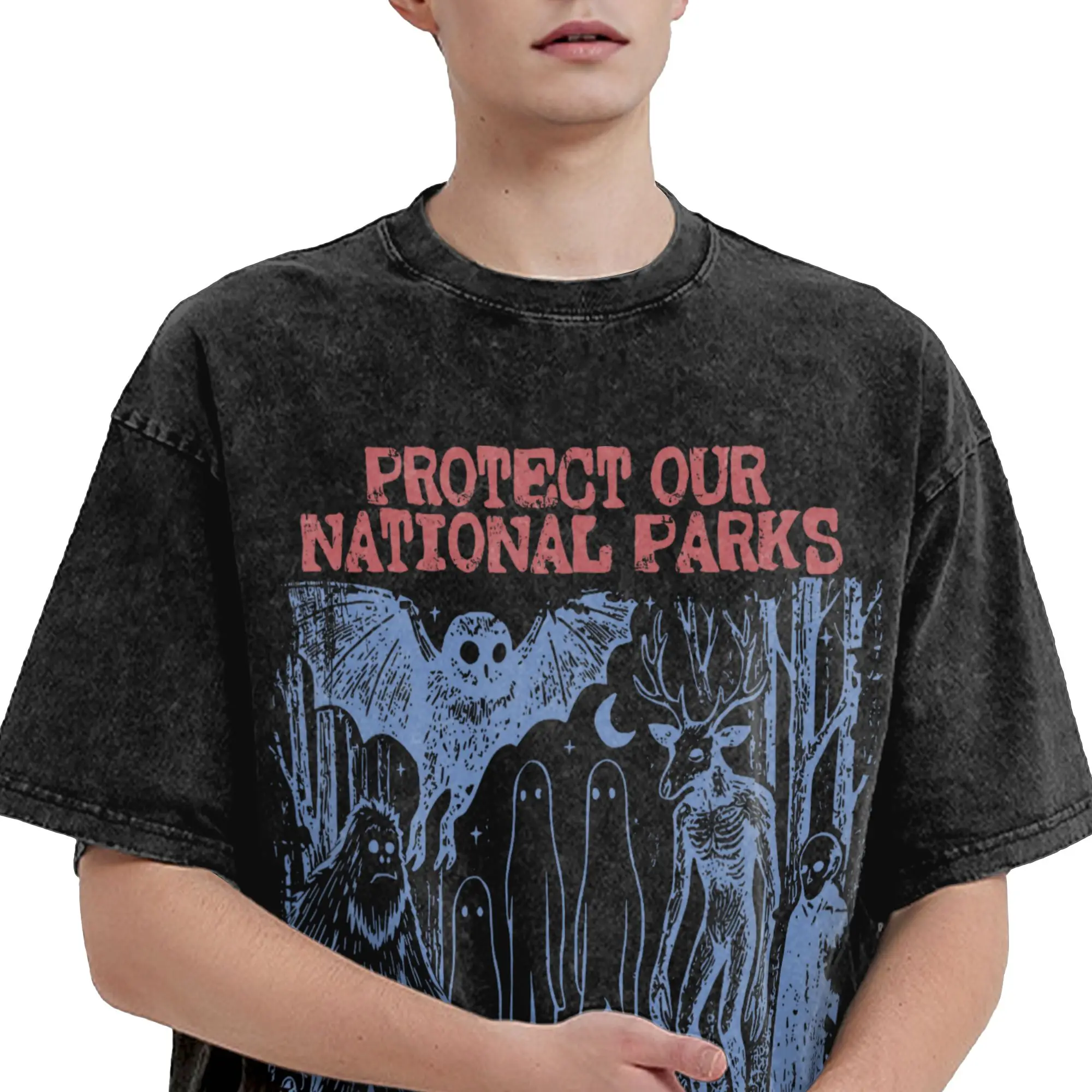 Protect Our National Parks Mothman Cryptid Weirdcore Washed T Shirts Streetwear Hip Hop Vintage T-Shirt  Tees Men Women