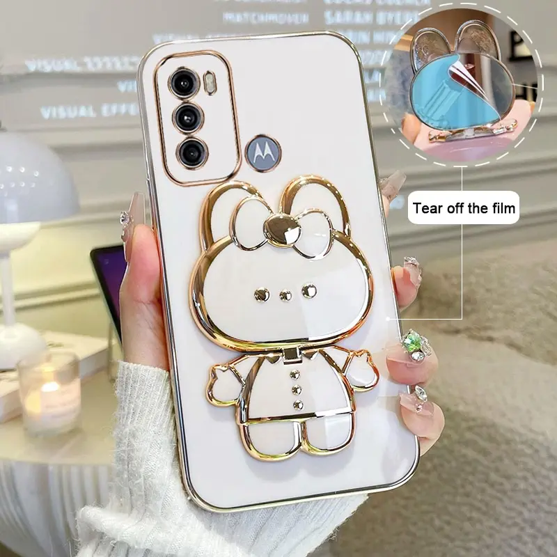 Makeup Mirror Phone Case For Motorola Moto G60 G40 Fusion Motorola G60 G40 Fusion Plating Cartoon Rabbit Folding Case Cover