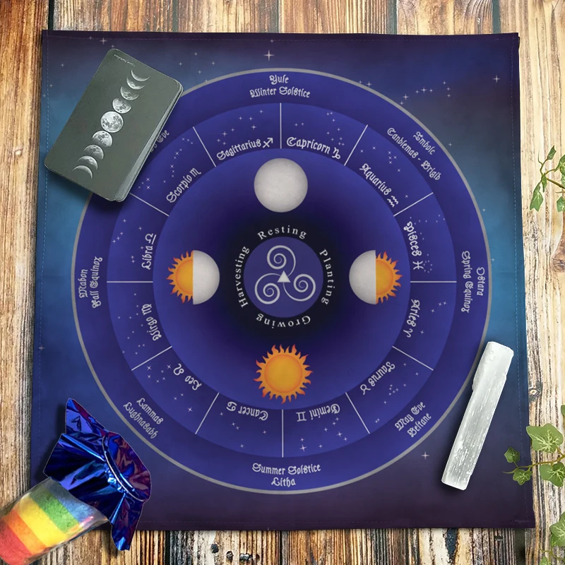 Zodiac Wheel Of The Year Tarot Tablecloth Constellations Velvet Altar Cloth Spiritual Oracle Card Pad Three Curved Legs Symbol