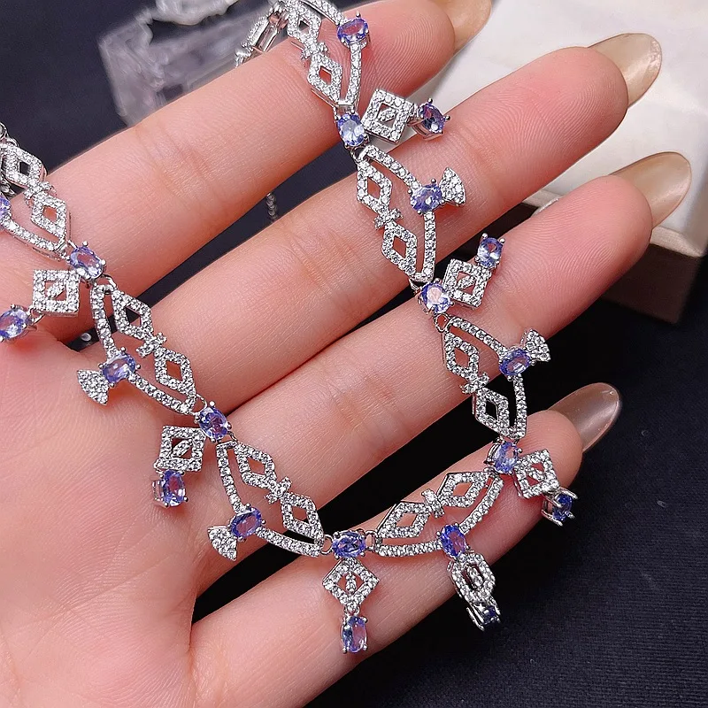 Natural Tanzanite Necklace S925 Silver Inlaid 3*4mm Tanzanite Retro Geometric Evening Choker for Women