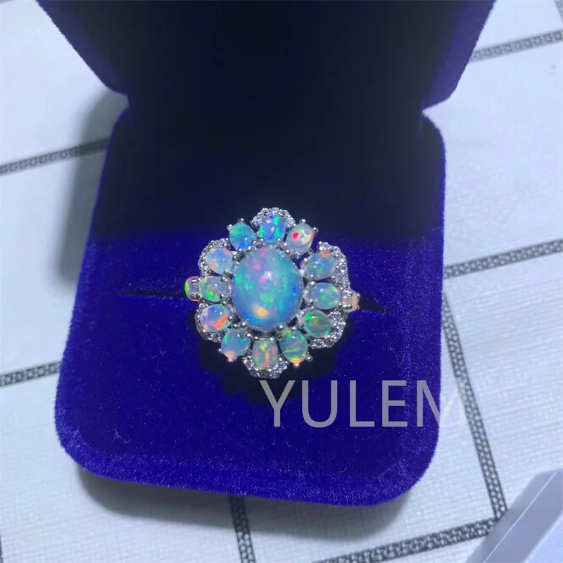 YULEM NEW Arrival Flower Design with 8x10mm Opal and 3x4mm Opal Beautiful Design for Girl Natural Opal Ring