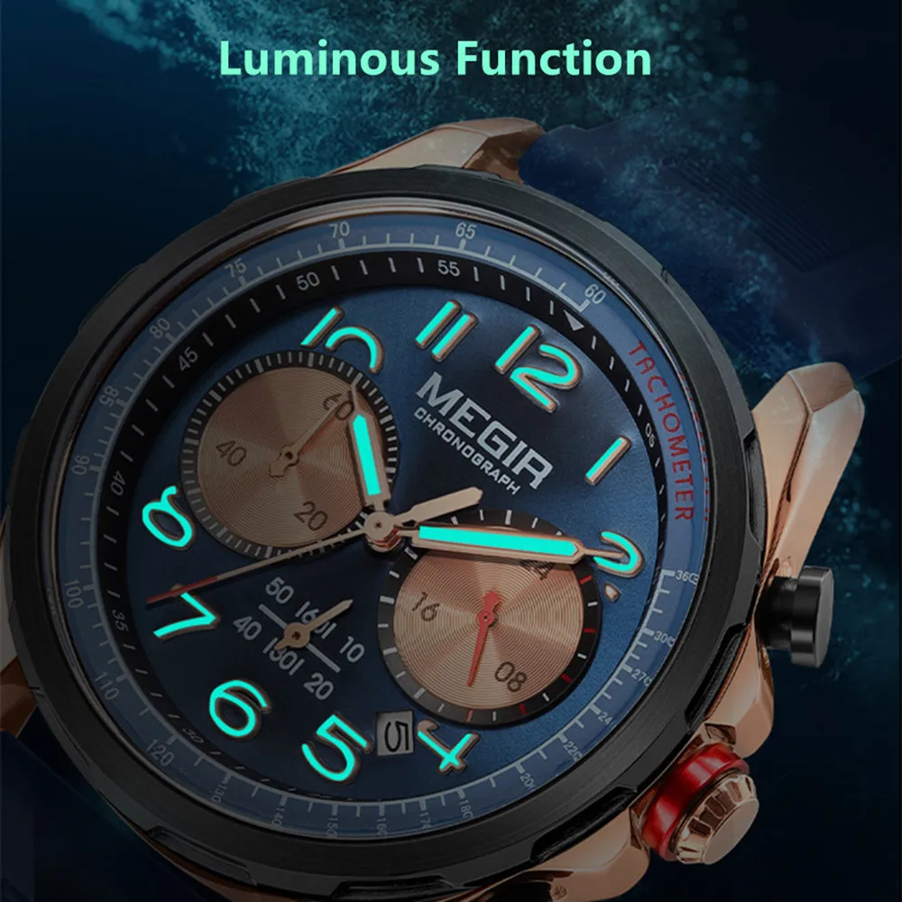 MEGIR كرونوغراف مع تاريخ تلقائي 24 ساعة مقاوم للماء ساعة يد رياضية عادية سيليكون حزام الرجال ساعة كوارتز Reloj هدية للرجل #5