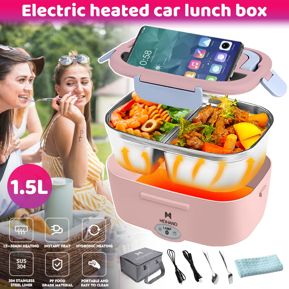 2-In-1 Electric Heating Lunch Box Car + Home 12V 220V Portable Stainless Steel Liner Bento Lunchbox Food Container Bento Box